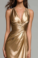 Load image into Gallery viewer, Sparkly Gold V-Neck Mermaid Metallic Ruched Long Formal Dress