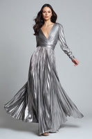 Load image into Gallery viewer, Sparkly Silver A-Line Metallic Pleated Long Formal Dress with Sleeves