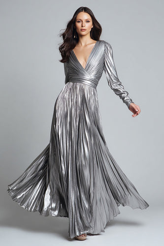 Sparkly Silver A-Line Metallic Pleated Long Formal Dress with Sleeves