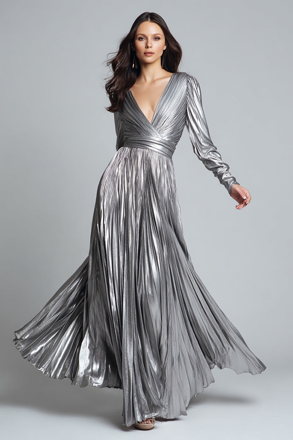 Sparkly Silver A-Line Metallic Pleated Long Formal Dress with Sleeves