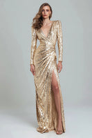 Load image into Gallery viewer, Sparkly Gold V-Neck Sequin Sheath Long Formal Dress with Slit