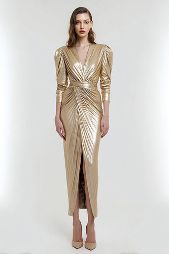 Light Gold Metallic V-Neck Sheath Long Formal Dress with Sleeves