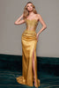 Load image into Gallery viewer, Gold Sweetheart Satin Mermaid Long Corset Formal Dress with Appliques