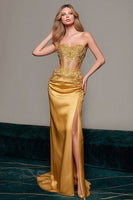 Load image into Gallery viewer, Gold Sweetheart Satin Mermaid Long Corset Formal Dress with Appliques