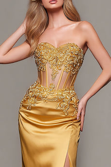 Gold Sweetheart Satin Mermaid Long Corset Formal Dress with Appliques