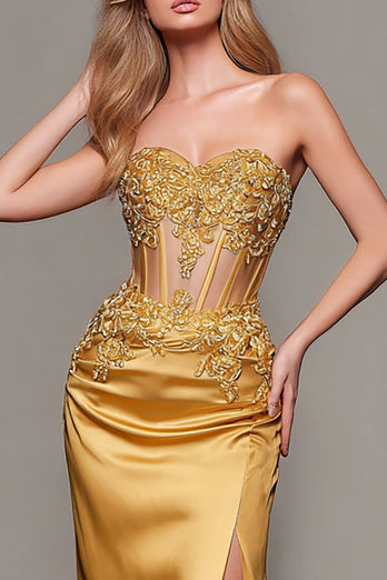 Gold Sweetheart Satin Mermaid Long Corset Formal Dress with Appliques