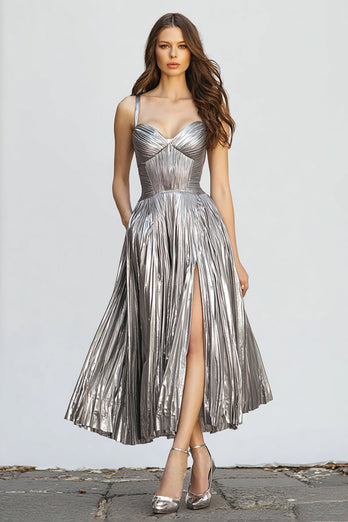 Sparkly Silver Spaghetti Straps A-Line Metallic Pleated Long Formal Dress