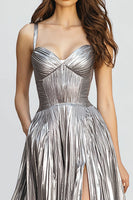Load image into Gallery viewer, Sparkly Silver Spaghetti Straps A-Line Metallic Pleated Long Formal Dress