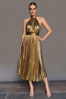 Load image into Gallery viewer, Sparkly Gold Halter A-Line Metallic Pleated Long Formal Dress