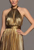 Load image into Gallery viewer, Sparkly Gold Halter A-Line Metallic Pleated Long Formal Dress