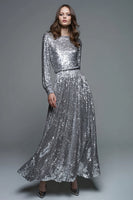 Load image into Gallery viewer, Sparkly Silver A-Line Long Sleeves Sequin Long Formal Dress