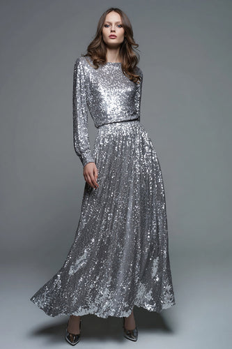 Sparkly Silver A-Line Long Sleeves Sequin Long Formal Dress