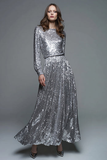 Sparkly Silver A-Line Long Sleeves Sequin Long Formal Dress