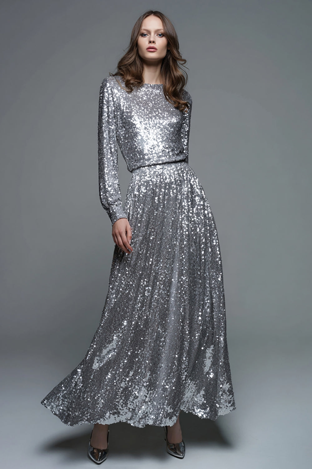 Sparkly Silver A-Line Long Sleeves Sequin Long Formal Dress