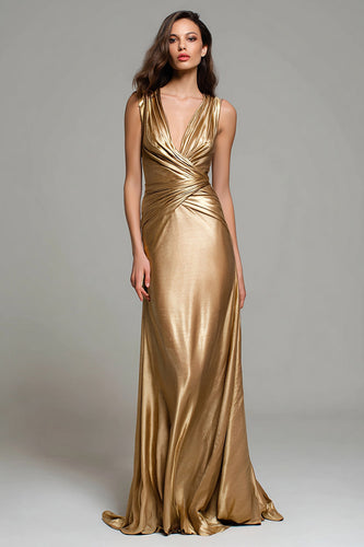 Sparkly Gold V-Neck Metallic Mermaid Long Formal Dress