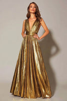 Load image into Gallery viewer, Sparkly Gold Metallic Pleated V-Neck A-Line Long Formal Dress