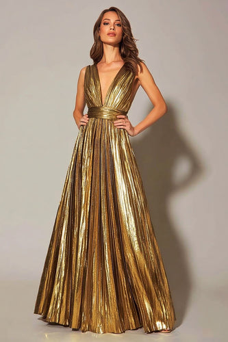 Sparkly Gold Metallic Pleated V-Neck A-Line Long Formal Dress