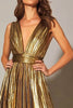Load image into Gallery viewer, Sparkly Gold Metallic Pleated V-Neck A-Line Long Formal Dress