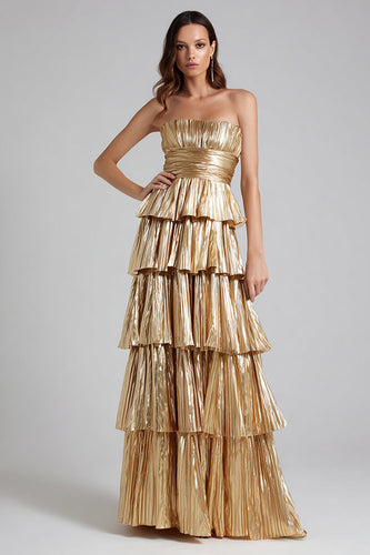 Sparkly Gold Metallic Pleated Strapless A-Line Ruffled Long Formal Dress