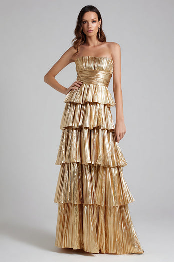 Sparkly Gold Metallic Pleated Strapless A-Line Ruffled Long Formal Dress