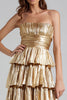 Load image into Gallery viewer, Sparkly Gold Metallic Pleated Strapless A-Line Ruffled Long Formal Dress