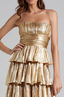 Load image into Gallery viewer, Sparkly Gold Metallic Pleated Strapless A-Line Ruffled Long Formal Dress