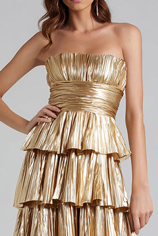 Sparkly Gold Metallic Pleated Strapless A-Line Ruffled Long Formal Dress
