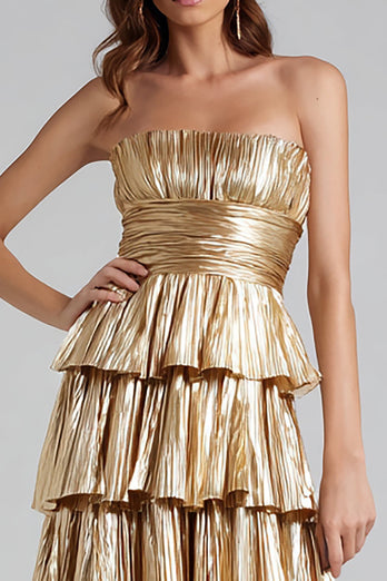 Sparkly Gold Metallic Pleated Strapless A-Line Ruffled Long Formal Dress