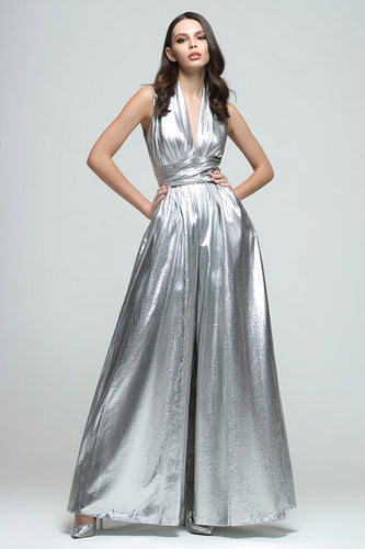 Sparkly Silver Halter Metallic A-Line V-Neck Long Formal Dress