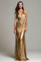 Load image into Gallery viewer, Sparkly Gold Deep V-Neck Metallic Ruched Long Formal Dress