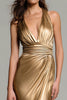 Load image into Gallery viewer, Sparkly Gold Deep V-Neck Metallic Ruched Long Formal Dress