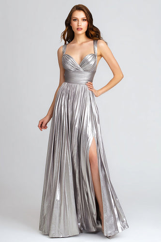 Sparkly Silver Metallic Pleated A-Line Long Formal Dress with Slit