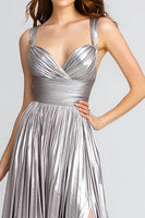 Load image into Gallery viewer, Sparkly Silver Metallic Pleated A-Line Long Formal Dress with Slit