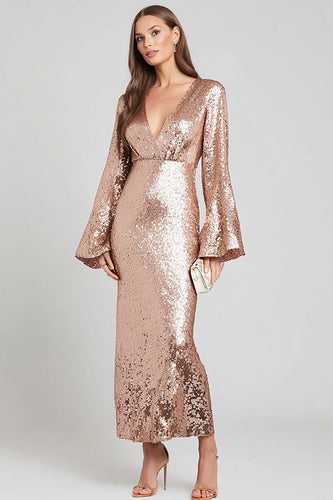 Sparkly Rose Gold V-Neck Sequin Sheath Long Formal Dress with Sleeves