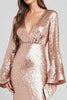 Load image into Gallery viewer, Sparkly Rose Gold V-Neck Sequin Sheath Long Formal Dress with Sleeves
