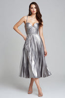 Load image into Gallery viewer, Sparkly Silver Spaghetti Straps Metallic Pleated A-Line Long Formal Dress