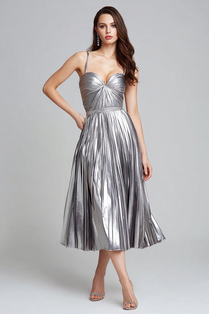 Load image into Gallery viewer, Sparkly Silver Spaghetti Straps Metallic Pleated A-Line Long Formal Dress