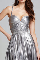 Load image into Gallery viewer, Sparkly Silver Spaghetti Straps Metallic Pleated A-Line Long Formal Dress