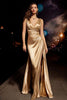 Load image into Gallery viewer, Gold V-Neck Satin Ruched Mermaid Long Formal Dress with Slit