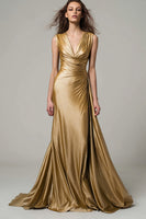 Load image into Gallery viewer, Sparkly Gold Metallic Ruched V-Neck Mermaid Long Formal Dress