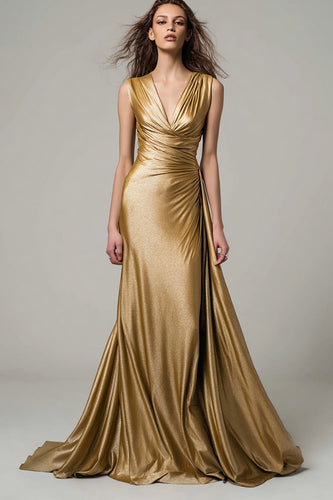 Sparkly Gold Metallic Ruched V-Neck Mermaid Long Formal Dress