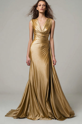Sparkly Gold Metallic Ruched V-Neck Mermaid Long Formal Dress