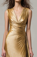 Load image into Gallery viewer, Sparkly Gold Metallic Ruched V-Neck Mermaid Long Formal Dress