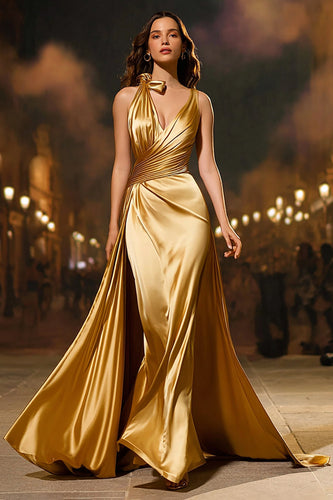Gold V-Neck Mermaid Satin Long Formal Dress with Cape