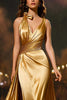 Load image into Gallery viewer, Gold V-Neck Mermaid Satin Long Formal Dress with Cape