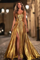 Load image into Gallery viewer, Sparkly Gold V-Neck Metallic Pleated A-Line Long Formal Dress with Slit
