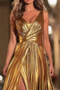 Load image into Gallery viewer, Sparkly Gold V-Neck Metallic Pleated A-Line Long Formal Dress with Slit