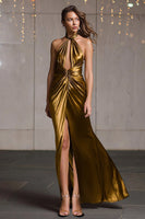 Load image into Gallery viewer, Sparkly Gold Metallic Ruched Halter Long Formal Dress with Slit