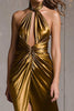 Load image into Gallery viewer, Sparkly Gold Metallic Ruched Halter Long Formal Dress with Slit