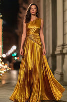 Load image into Gallery viewer, Sparkly Gold Metallic Ruched One Shoulder Long Formal Dress